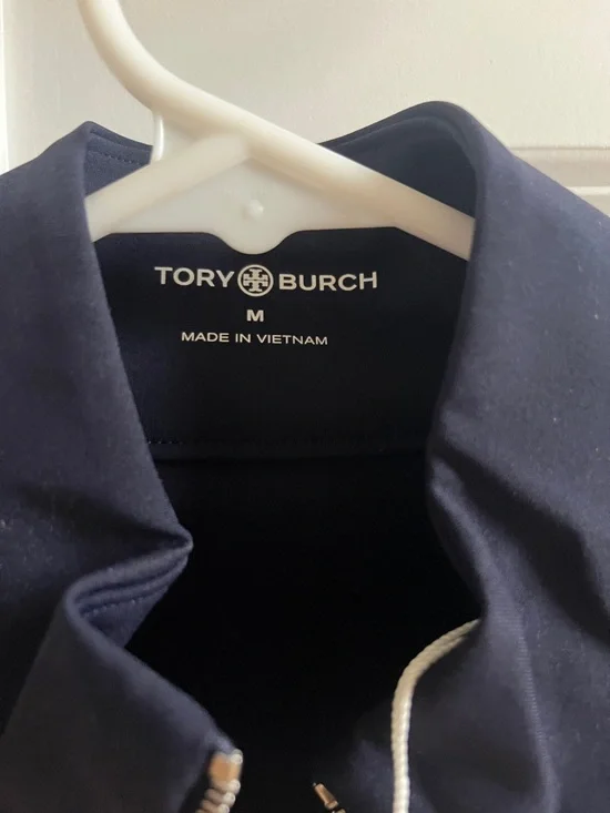 Tory Burch Navy Zip-Front Jacket with Cream Logo Trim - Picture 2 of 4